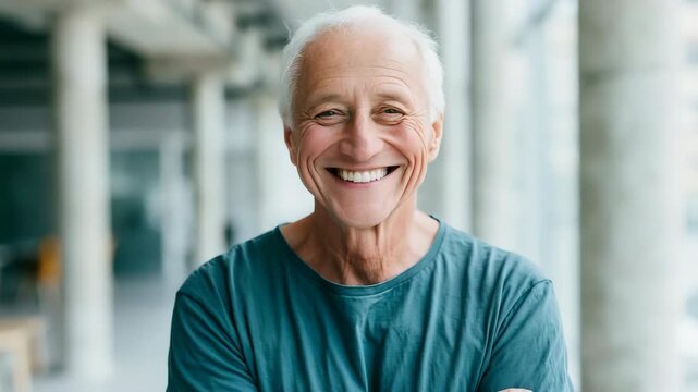 Smiling senior man portrait with crossed arms and neutral interior background for profile header and healthcare banner use