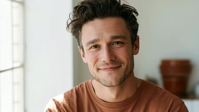 Smiling man portrait casual indoor headshot for lifestyle banner and website background with natural light and relaxed expression