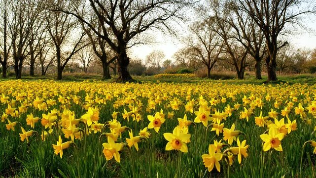 Field of yellow daffodils blooming during a warm spring sunset flowers nature meadow blossom seasonal