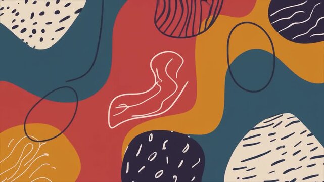 Colorful Abstract Organic Shapes and Hand- Drawn Lines on Muted Background hand-drawn
