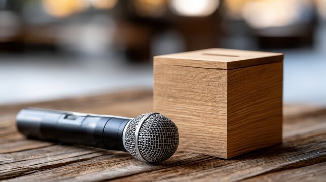 Wireless microphone resting on rustic wooden table beside minimalist cubic wooden box with blurred warm background for music or speech concepts