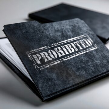 Black folder with distressed stamped label marked prohibited resting on a surface overlaid on documents symbolizing restricted access or confidential informatio