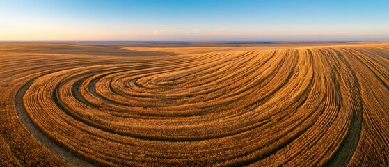Naklejka premium Golden fields show curved patterns under a clear sky in the afternoon light of summer
