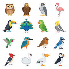 Obraz premium Diverse wild birds vector illustration set in cute flat design style. Full body collection of colorful bird species isolated on white background including owl, eagle, falcon, flamingo, toucan, peacock