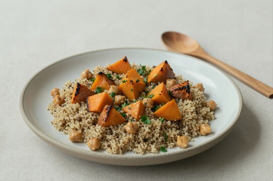 roasted pumpkin and chickpea quinoa salad on a white plate with wooden spoon on side