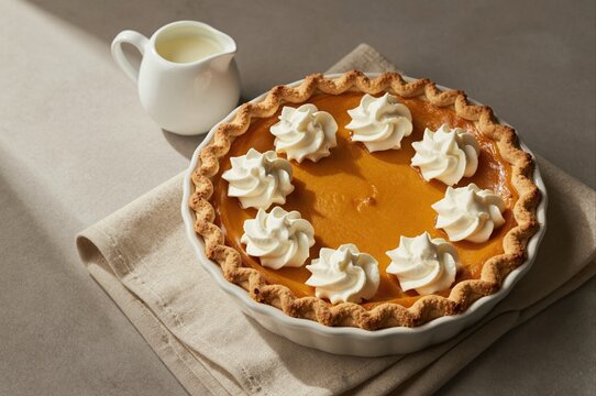 freshly baked pumpkin pie with whipped cream and milk jug on rustic linen cloth