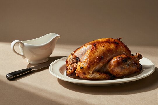 golden roasted turkey with gravy boat on beige table setting for holiday dinner