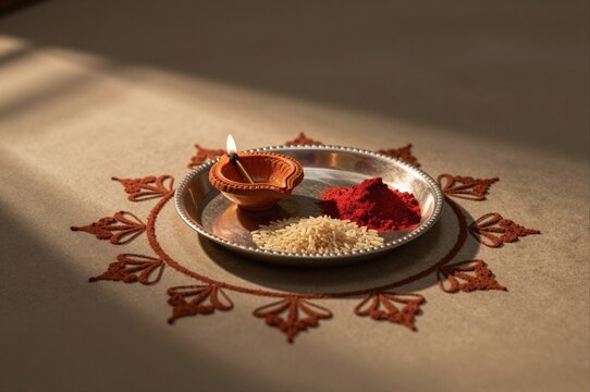 diwali pooja thali with diya and colored powders on decorated cloth, symbolizing celebration