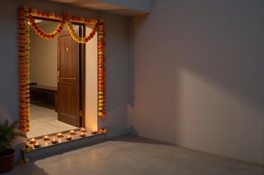 open wooden door decorated with marigold garlands and lit candles for diwali celebration