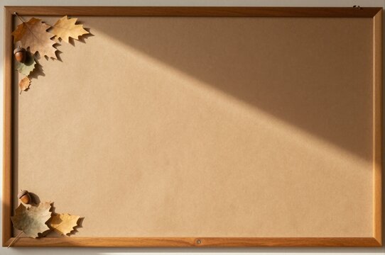 empty bulletin board with autumn leaves and acorns in sunlight, concept of seasonal change