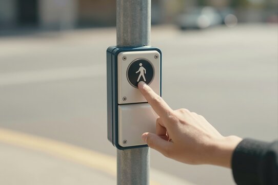 hand pressing pedestrian traffic button at crosswalk on a sunny day in the city