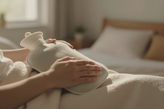 cozy indoor scene with person holding hot water bottle on a bed in warm soft lighting