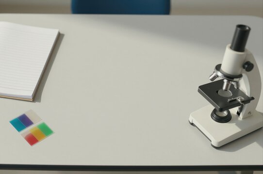microscope with slides and notebook on laboratory table for research and analysis study