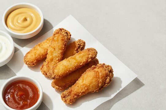 crispy chicken drumsticks with assortment of sauces on white parchment paper