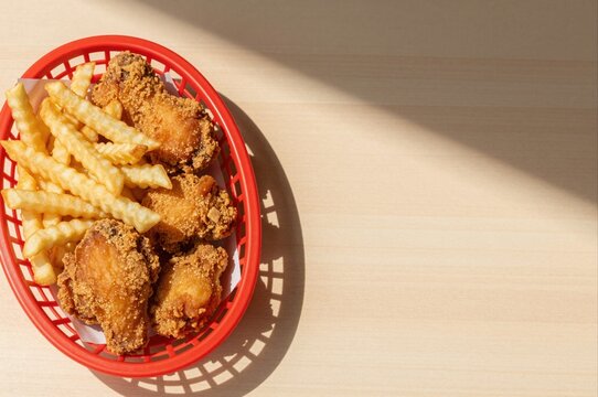 crispy fried chicken wings and french fries in red basket on wooden table top view