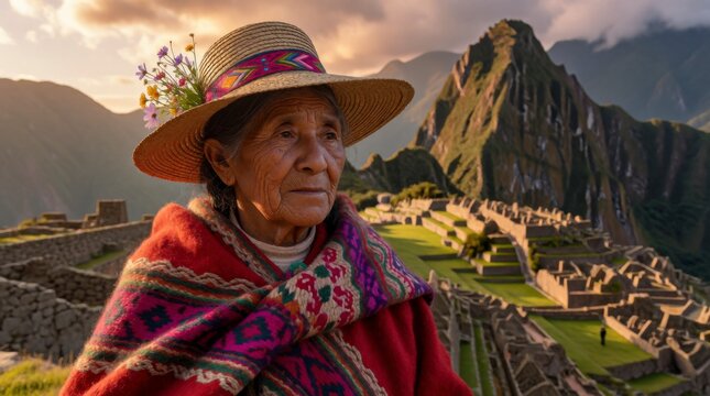 A portrait of an elderly Peruvian woman wearing traditional vibrant clothing and a floral hat, set against the breathtaking backdrop of the ancient Machu Picchu ruins