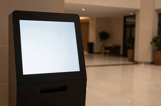 digital kiosk with blank screen in modern lobby, concept of interactive technology interface
