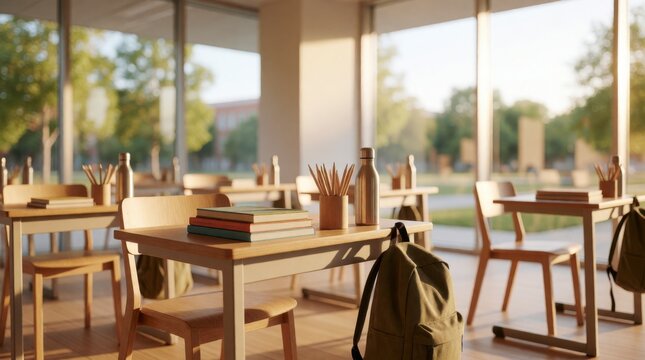 Bright back to school classroom setup modern learning environment with desk books and backpack 
