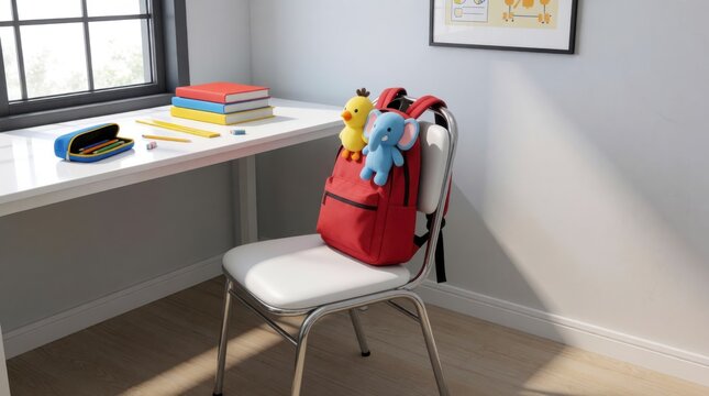 Bright back to school classroom setup modern learning environment with desk books and backpack 
