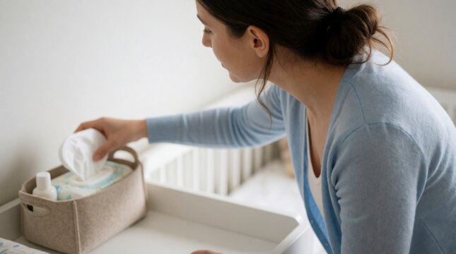 Closeup of a mother preparing to change her babys diaper, reaching for baby wipes from a felt organizer basket in a nursery 
