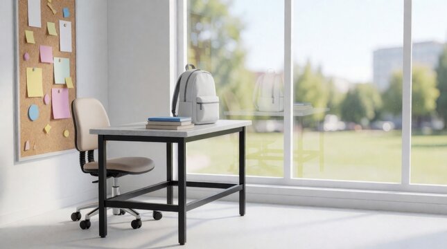 Bright back to school classroom setup modern learning environment with desk books and backpack 
