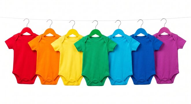 Colorful baby bodysuits in rainbow colors hanging on a clothesline against a white background