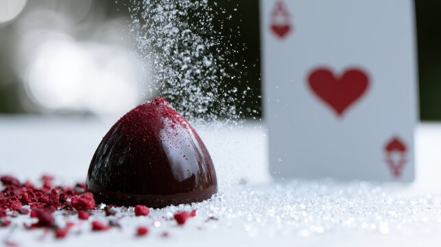 Gourmet chocolate truffle being dusted with powdered sugar next to a playing card featuring a heart symbol on a white surface with scattered red crumbs and suga