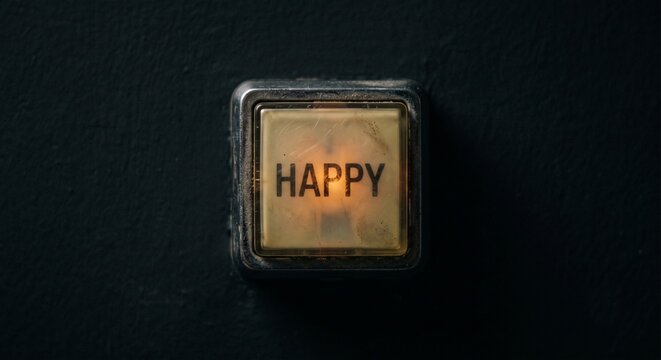 Illuminated square button with the word happy on a dark background