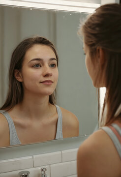 Young woman looking at her reflection in a bathroom mirror, self care and beauty routine