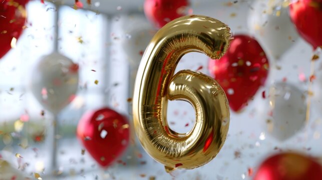 Gold metallic number six balloon surrounded by red and white heart-shaped balloons with celebratory confetti floating in the air during a festive event indoors
