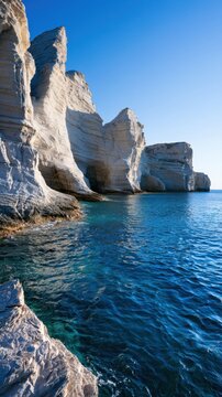 Stunning rugged white cliffs towering over deep blue tranquil sea waters under a clear bright sky in a pristine coastal landscape