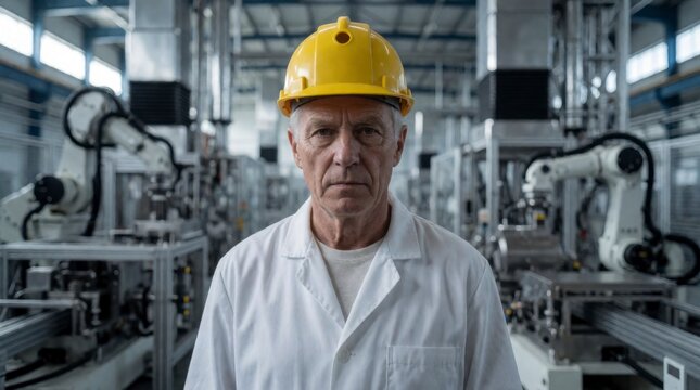 Portrait of a senior factory manager wearing a white lab coat and a yellow hard hat in a modern automated production facility 
