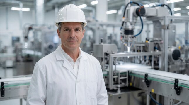Portrait of a senior factory manager wearing a white lab coat and a yellow hard hat in a modern automated production facility 

