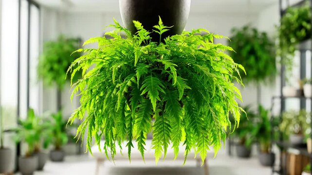 Lush green hanging fern plant in bright modern conservatory foliage interior botanical home indoor