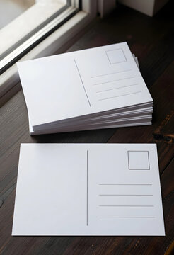 Blank white postcards with address lines and stamp box on a dark wooden surface near a window, a stack of identical postcards rests behind a single card, positioned near a window with natural