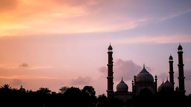 Silhouette of mosque domes and minarets against a dramatic sunset sky with silhouette architecture religion cultural building spiritual heritage traditional landmark religious
