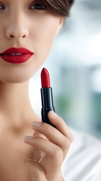 Woman holding a vibrant red lipstick near her lips with perfect makeup and smooth skin in a soft bright setting