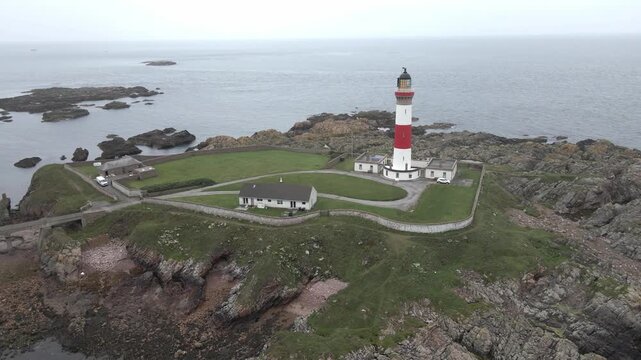 Aerial orbit of Buchan Ness Lighthouse at Boddam near Peterhead, Scotland