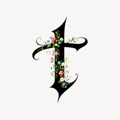 Fototapeta premium Elegant letter 'T' adorned with colorful floral designs on a white background.