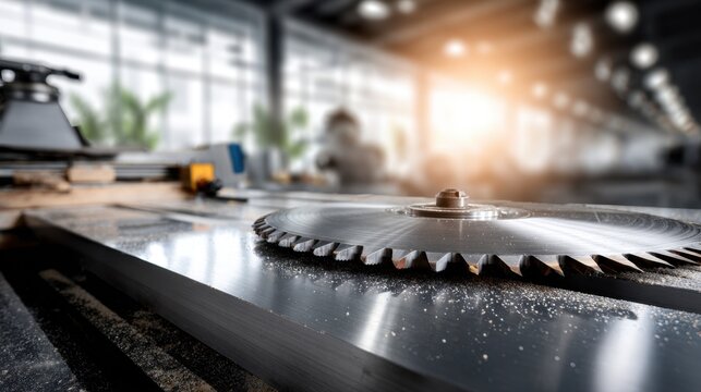 Circular saw blade mounted on a professional woodworking machine cutting through metal sheets in a modern factory workshop with sunlight streaming in the backgr