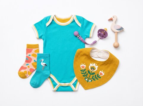 Flat lay of cute baby clothes and accessories including bodysuit, bib, socks, pacifier and rattle on white