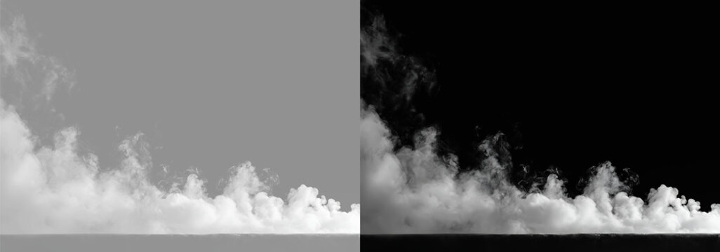 White dense fog and smoke border overlay isolated on grey and black background.Realistic thick steam rising from bottom. Abstract misty cloud haze texture set