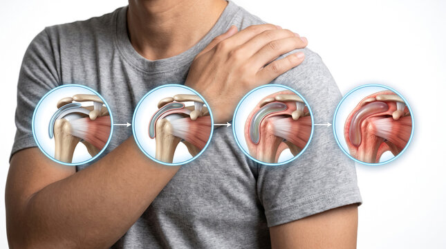 Shoulder pain anatomy, medical illustration showing rotator cuff joint structures inflammation and detailed views of the human shoulder