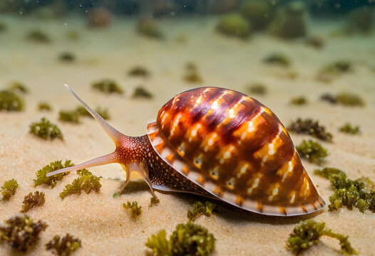 Underwater macro shot of a colorful sea snail with an ornate shell crawling on sandy seabed with Green algae, Green algae dots the underwater environment