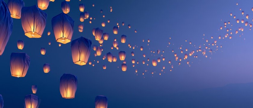Lanterns float in the sky during a night celebration in a mountainous area
