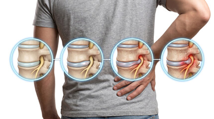 Obraz premium Lumbar Herniated Disc Slipped Disc Sciatica Intervertebral Disc Herniation, Medical illustration showing progressive disc degeneration nerve root compression and lower back pain
