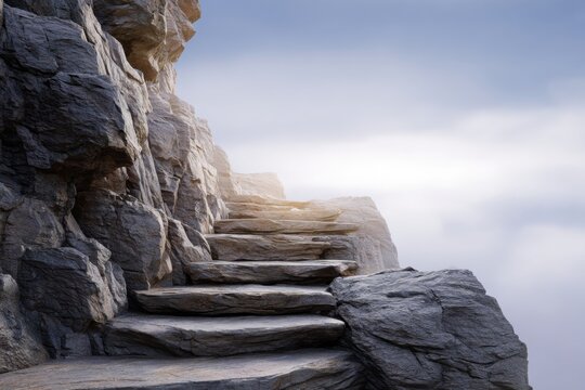 Stone steps carved into rocky mountain terrain leading upward towards a bright, foggy sky symbolizing a journey or ascent into the unknown and hopeful future
