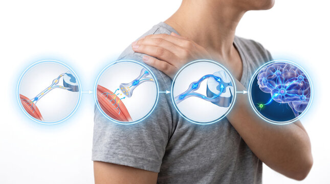 Shoulder anatomy, medical illustration showing detailed shoulder joint structures tendons muscles and microscopic tissue views in the human body