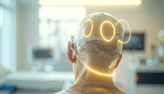 Futuristic Brain Scan: A close-up of a person's head wearing a futuristic headset with glowing rings and lights, suggesting advanced technology and medical innovation.