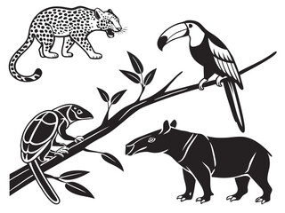 Fototapeta premium Jaguar, tree frog, macaw, and tapir illustrated in bold black minimalist vector style, pure white background, four distinct poses, balanced composition, crisp clean paths and neatly separated editable